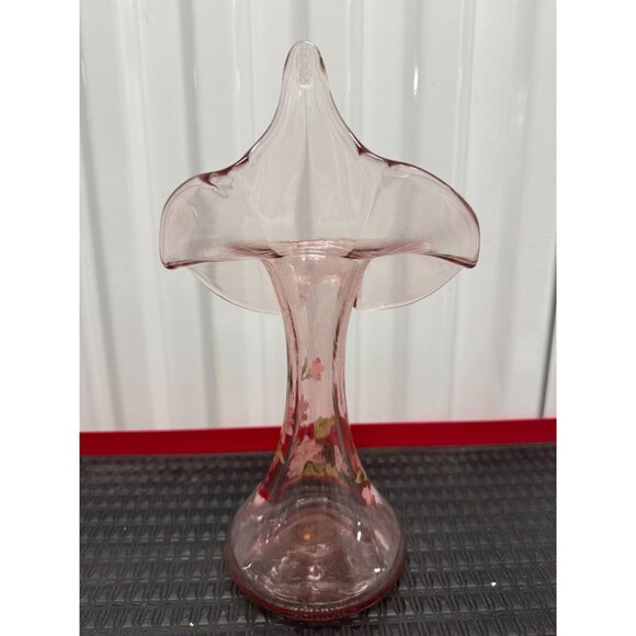 FENTON HAND PAINTED FLOWERS & SIGNED FENTON JACK IN THE PULPIT PINK GLASS VASE - Picture 6 of 15